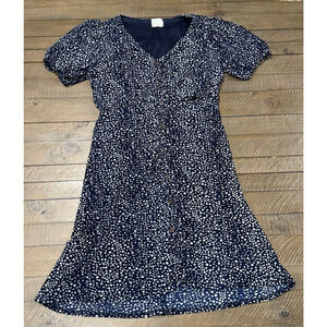 SirenLily Navy & White Polka Dot Button Down Spring V-Neck Dress - Size L
